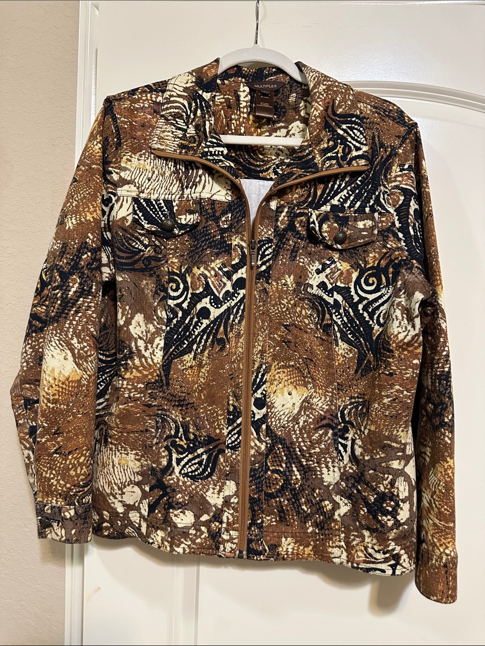 Multiples Brown and Cream Patterned Zip-Front Studded Jean Jacket